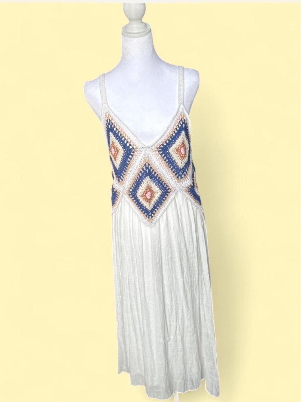 Festival Crochet Bodice Maxi Dress in White with Blue & Peach Diamonds Rebellion